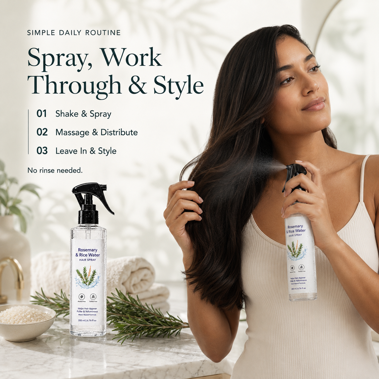 Rosemary & Rice Water Hair Spray – Fuller, Thicker-Looking Hair, Less Breakage & Weightless Leave-In Nourishment