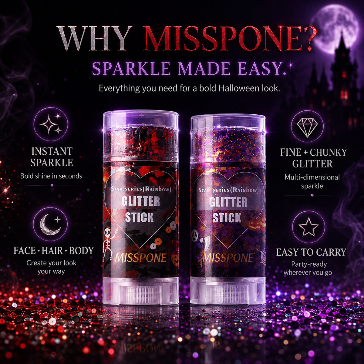 Misspone Halloween Glitter Stick for Face, Hair & Body – Easy Swipe-On Festival & Party Sparkle Makeup