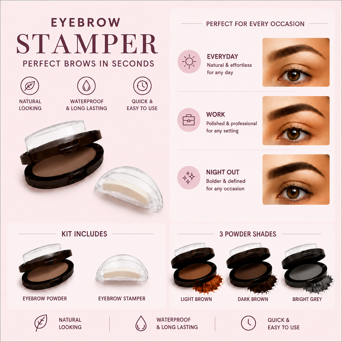 Perfectly Matched Brows in 5 Seconds—The beginner-friendly brow stamp that creates natural, fuller-looking eyebrows - no drawing skills needed.