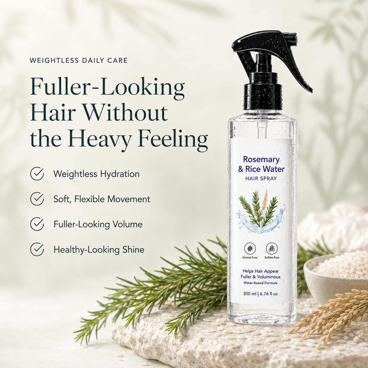 Rosemary & Rice Water Hair Spray – Fuller, Thicker-Looking Hair, Less Breakage & Weightless Leave-In Nourishment
