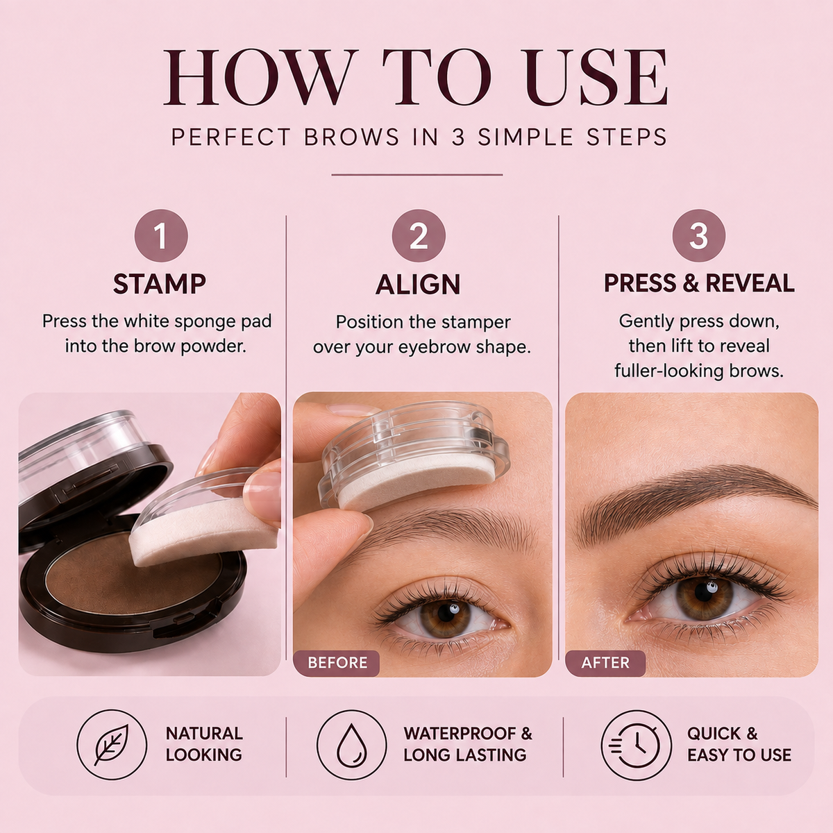 Perfectly Matched Brows in 5 Seconds—The beginner-friendly brow stamp that creates natural, fuller-looking eyebrows - no drawing skills needed.