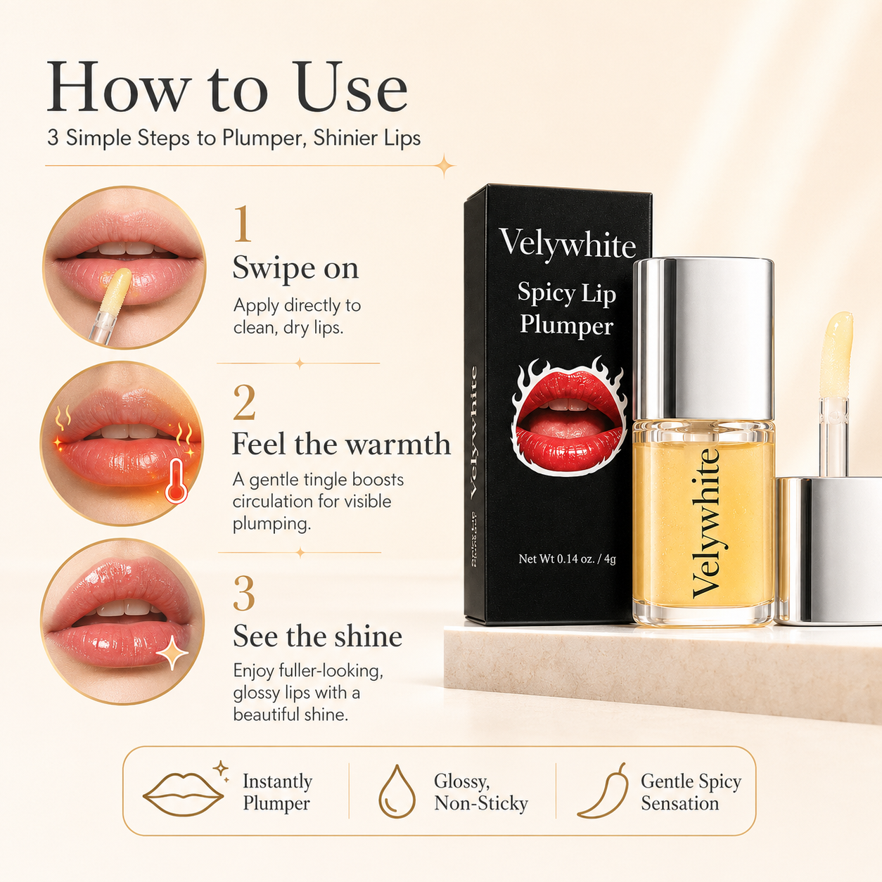 Turn Up the Shine. Plump Up the Look.-A warm spicy tingle with clear, glass-like gloss for visibly fuller-looking lips.
