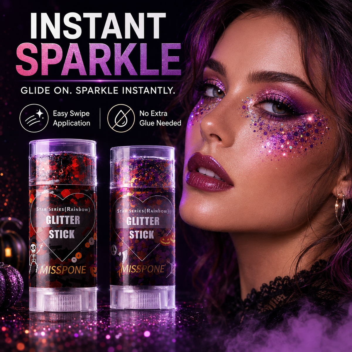 Misspone Halloween Glitter Stick for Face, Hair & Body – Easy Swipe-On Festival & Party Sparkle Makeup