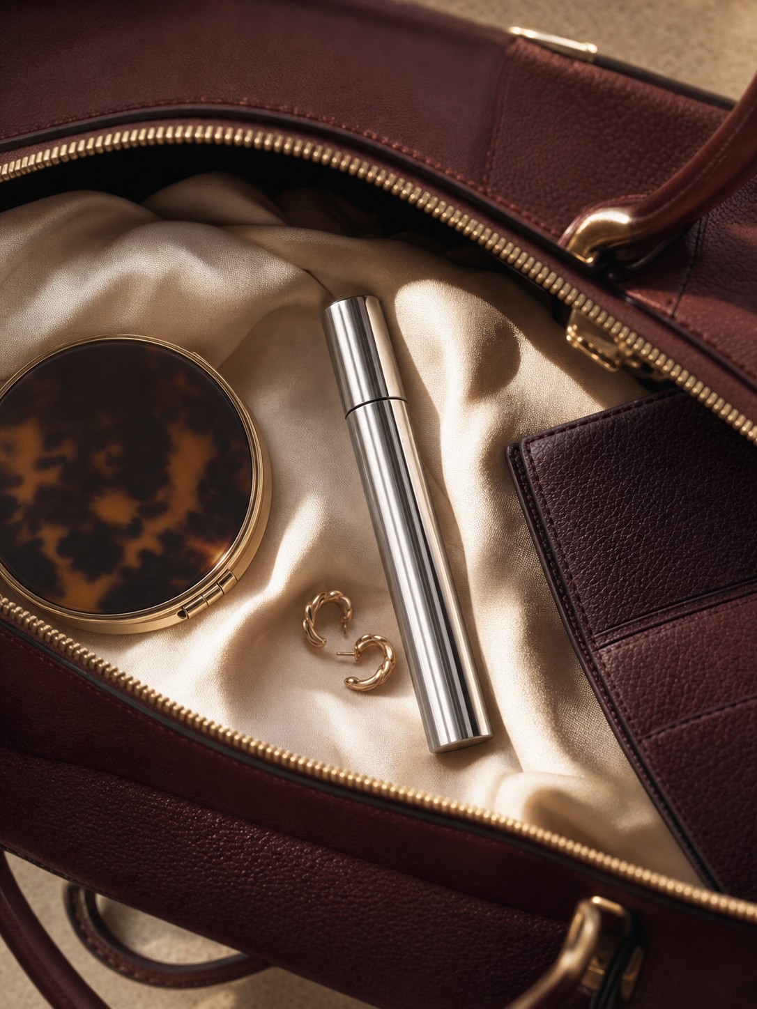 Silver mascara inside a handbag